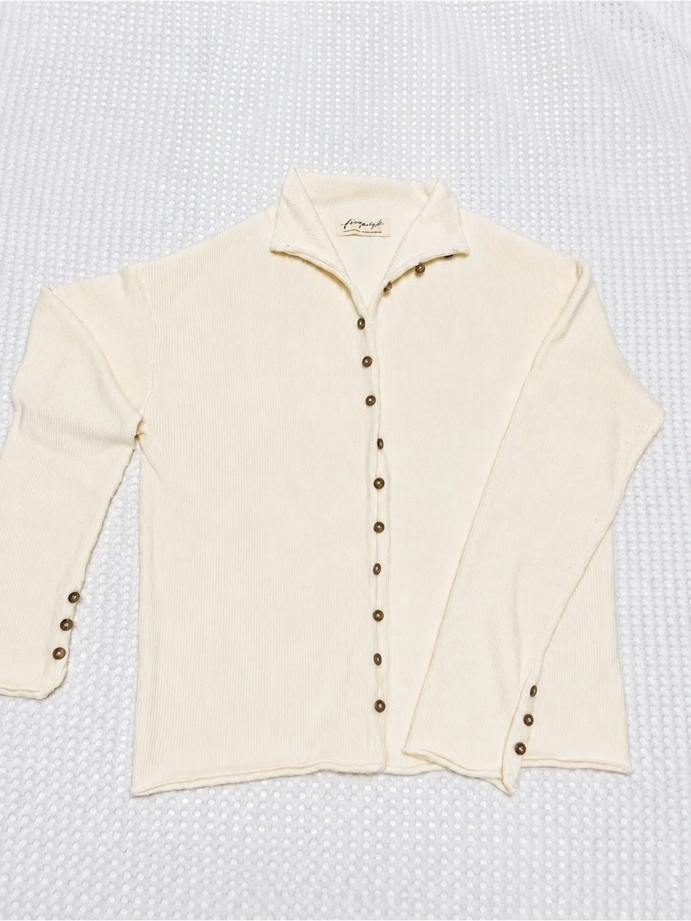 Free People Cream Cotton Cardigan | Floral Buttons • Rolled Trim • Textured Knit